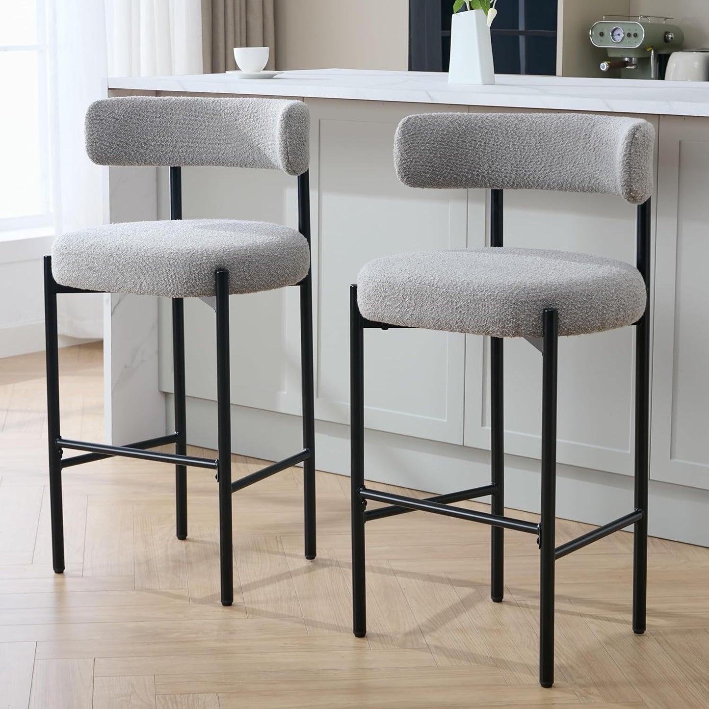 Counter Height Bar Stools Set of 3, 24'' Faux Leather Bar Stools with Back, Mid-Century Modern Bar Chairs for Kitchen Island, Dining Room, Vegan Leather, Grey