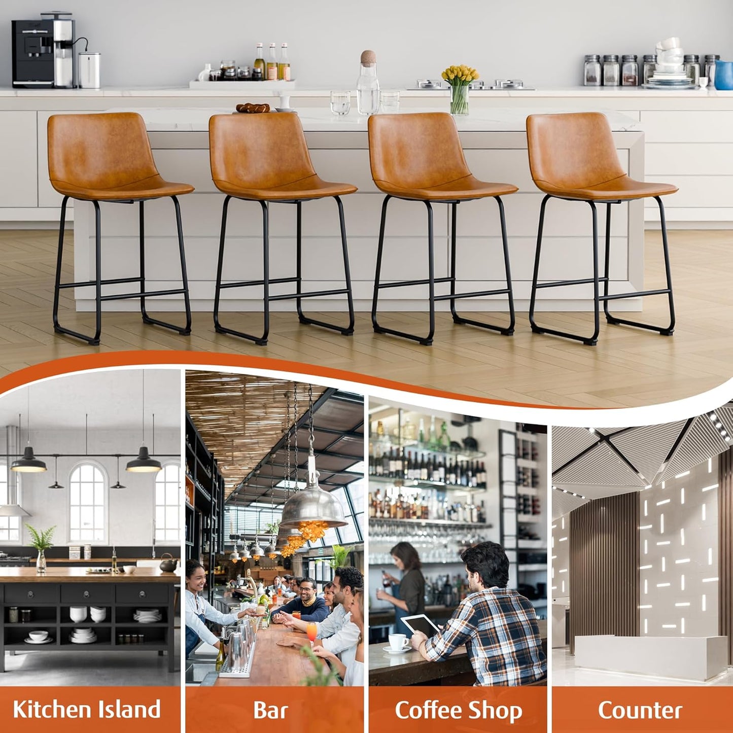 Bar Stools Set of 4, PU Leather Counter Height Bar Stools, 26" Modern Barstools with Metal Legs and Footrest, Urban Armless Dining Chairs with Backrest for Kitchen Island (Brown)