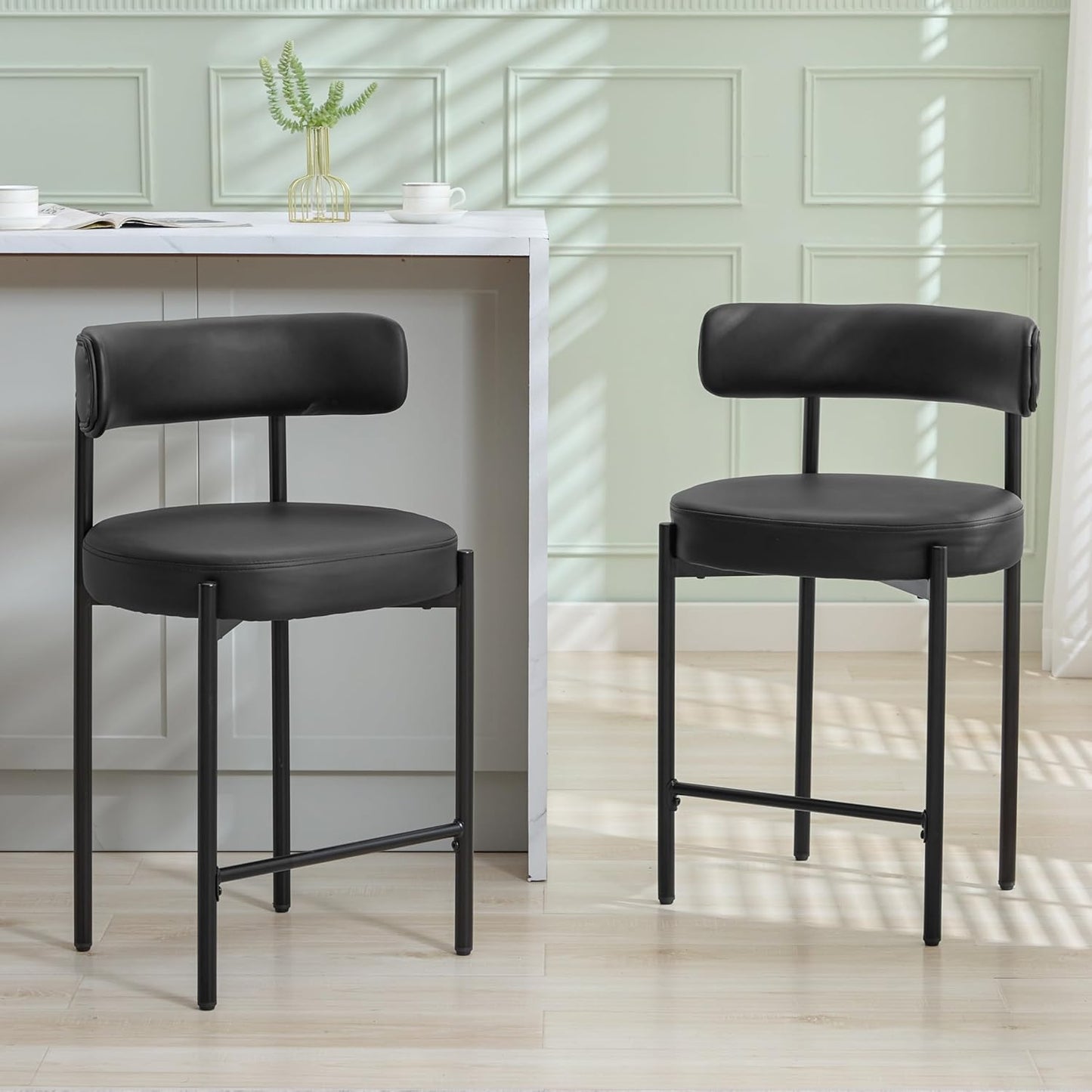 Counter Height Bar Stools Set of 3, 24'' Faux Leather Bar Stools with Back, Mid-Century Modern Bar Chairs for Kitchen Island, Dining Room, Vegan Leather, Grey