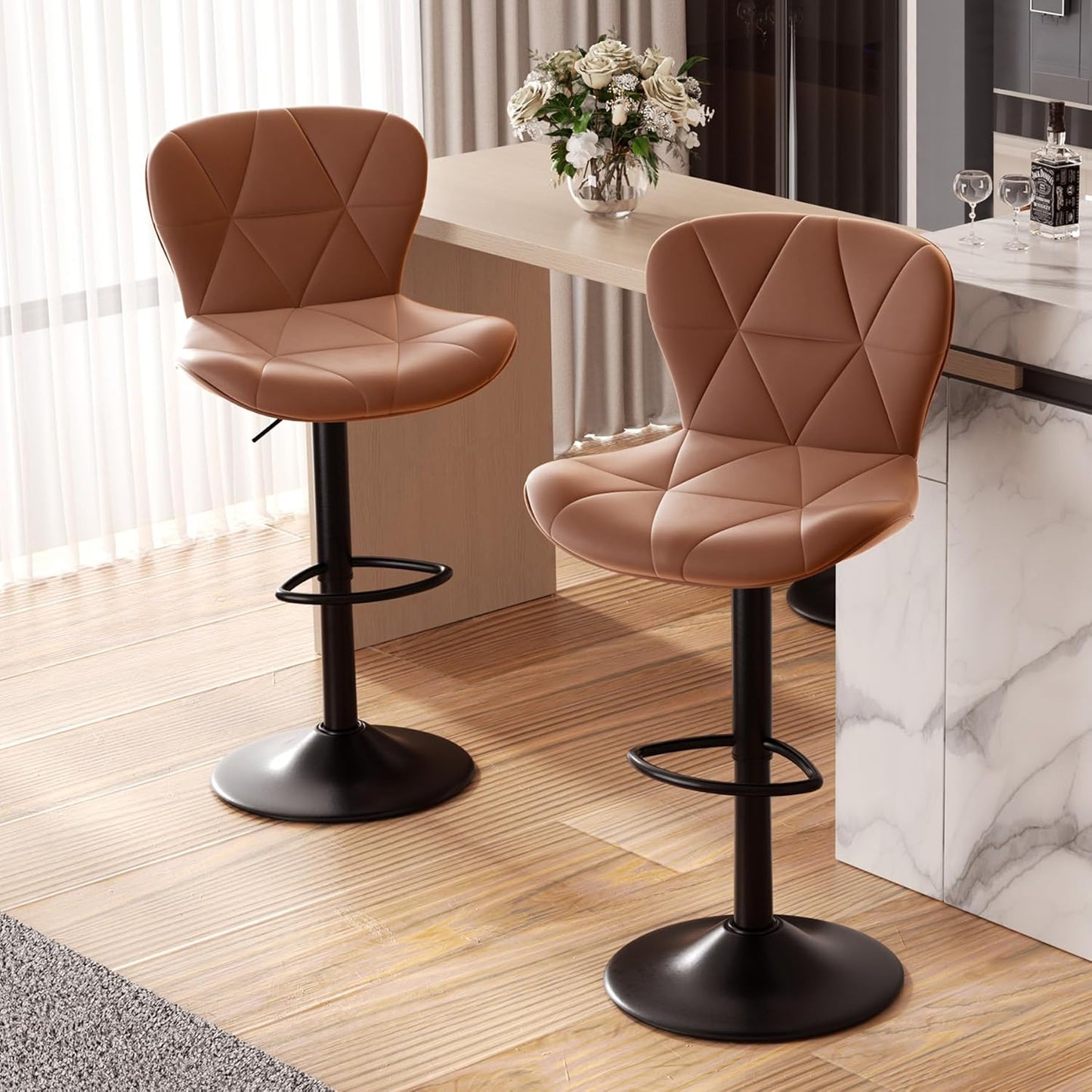Nalupatio Modern Bar Stools Set of 2, Adjustable Faux Leather Upholstered Swivel Bar Stools, Counter Height Bar Chairs with Back for Kitchen Island, Black