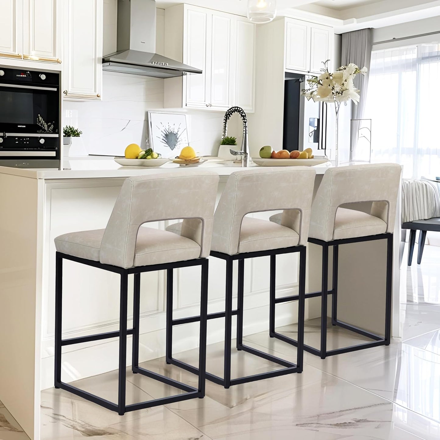 Counter Height Bar Stools Set of 4 for Kitchen Counter Modern Bar Chairs with Backs 26 Inch for Kitchen Island with Upholstered Faux Leather Seat and Metal Frame, Beige