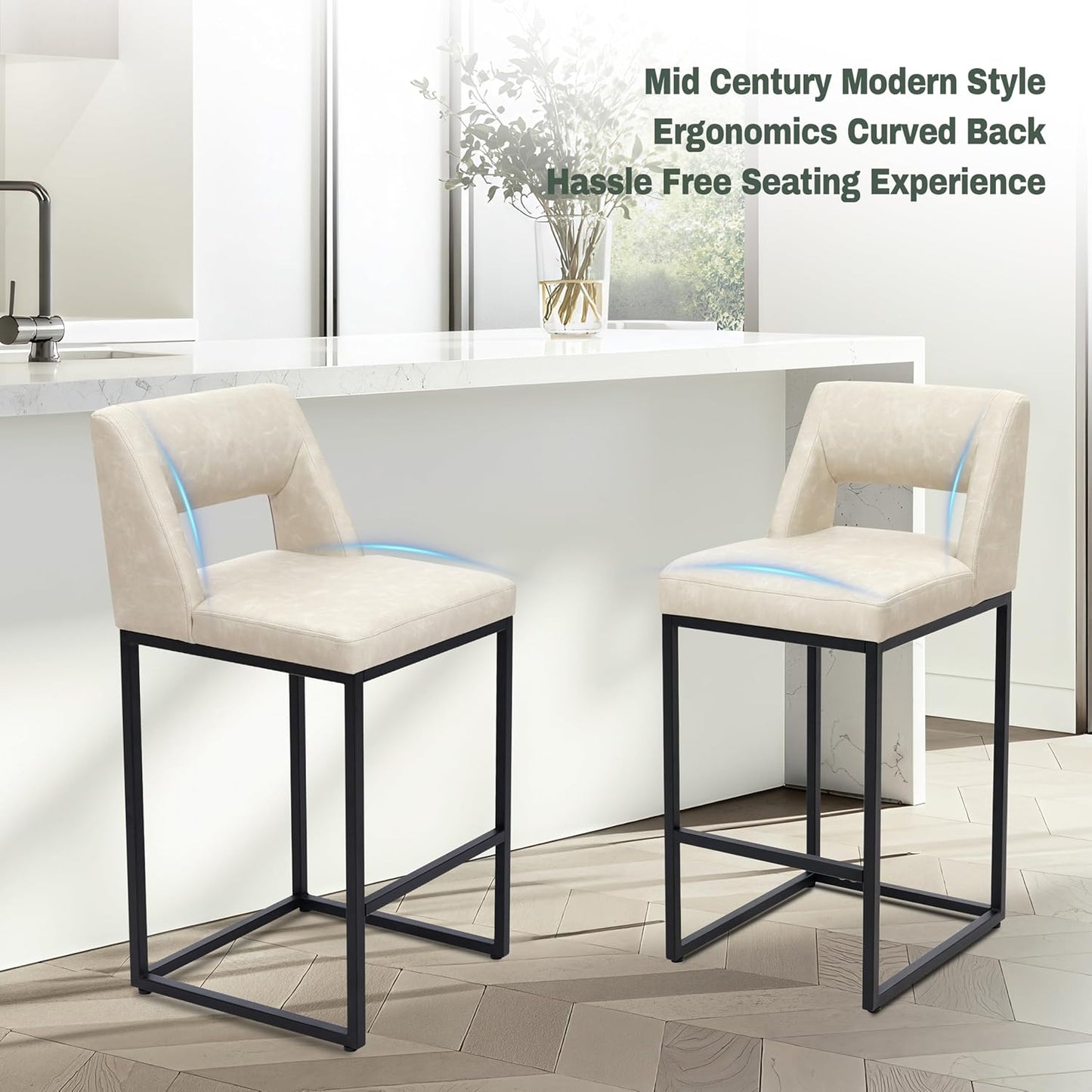 Counter Height Bar Stools Set of 4 for Kitchen Counter Modern Bar Chairs with Backs 26 Inch for Kitchen Island with Upholstered Faux Leather Seat and Metal Frame, Beige
