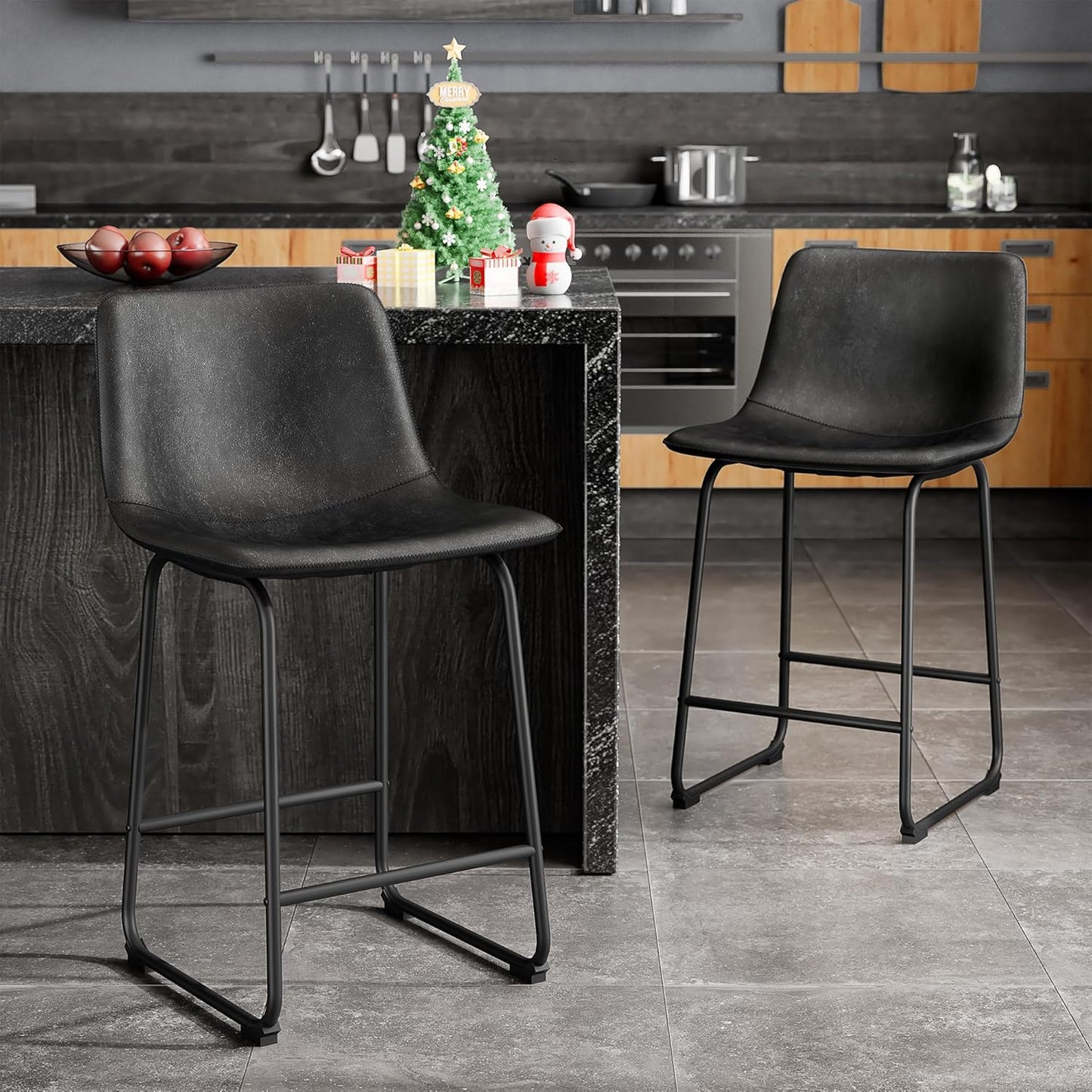 Bar Stools Set of 4, PU Leather Counter Height Bar Stools, 26" Modern Barstools with Metal Legs and Footrest, Urban Armless Dining Chairs with Backrest for Kitchen Island (Brown)