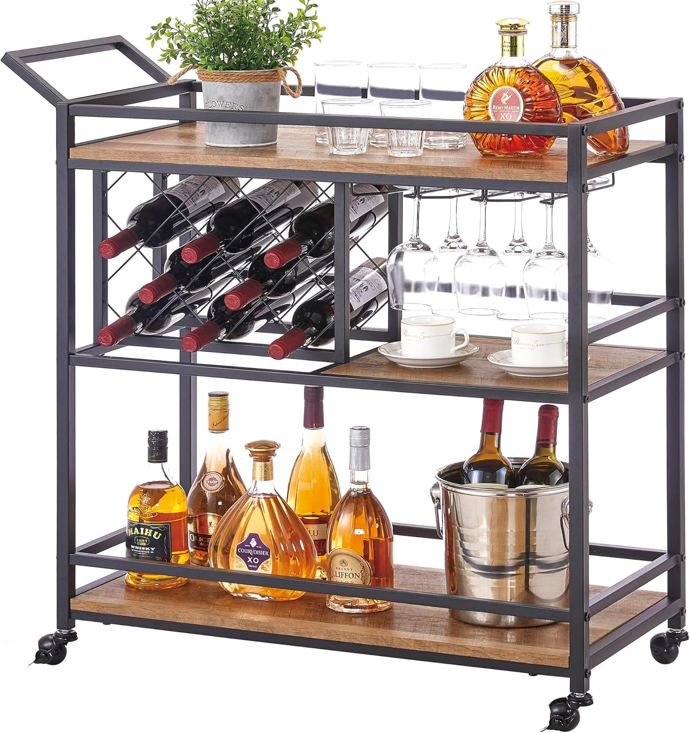 FATORRI Bar Cart Gold, Home Bar Serving Cart with Wine Rack and Glasses Holder, Wine Carts on Wheels with 3 Tier Mirrored Shelves for Liquor and Beverage (Gold)