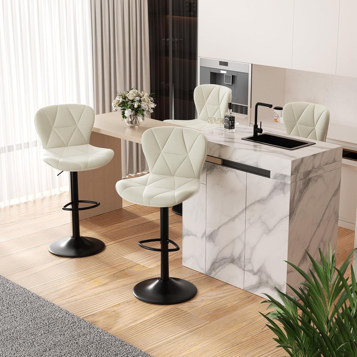 Nalupatio Modern Bar Stools Set of 2, Adjustable Faux Leather Upholstered Swivel Bar Stools, Counter Height Bar Chairs with Back for Kitchen Island, Black