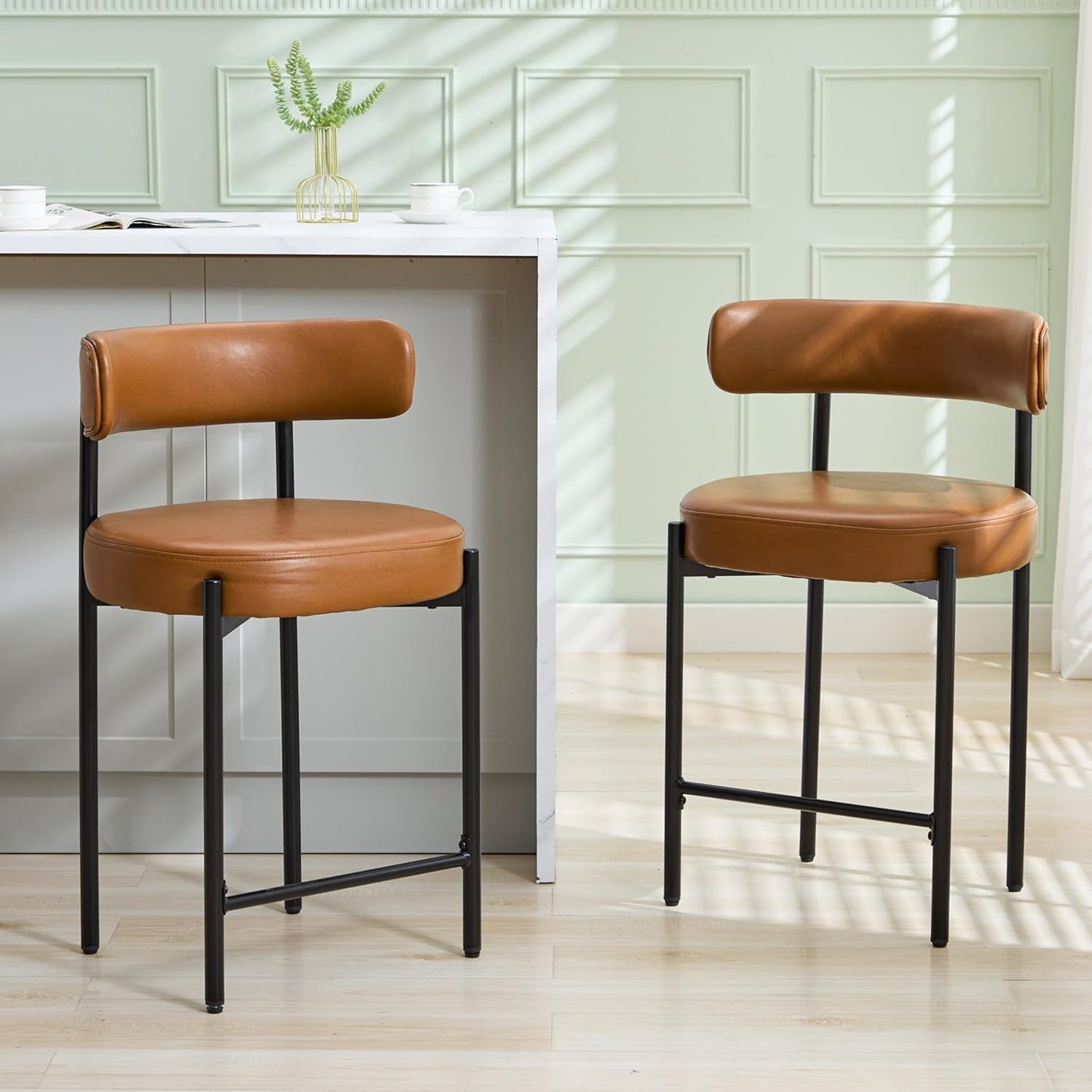 Counter Height Bar Stools Set of 3, 24'' Faux Leather Bar Stools with Back, Mid-Century Modern Bar Chairs for Kitchen Island, Dining Room, Vegan Leather, Grey