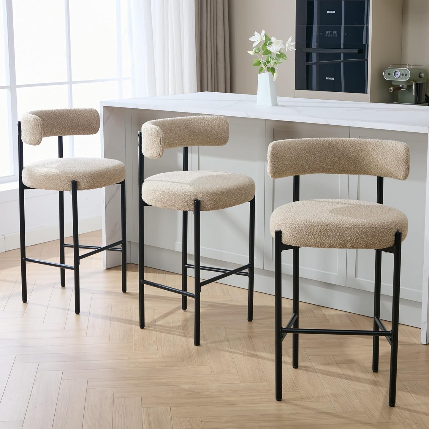 Counter Height Bar Stools Set of 3, 24'' Faux Leather Bar Stools with Back, Mid-Century Modern Bar Chairs for Kitchen Island, Dining Room, Vegan Leather, Grey