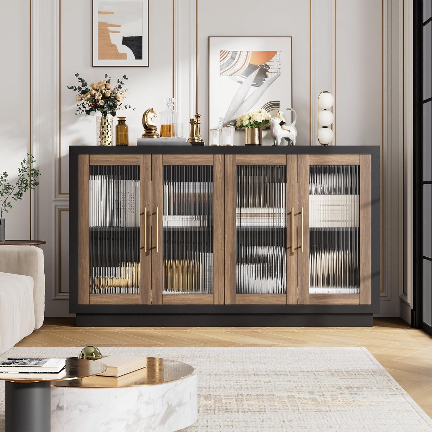 FOTOSOK Buffet Cabinet with Storage, 55.1" Large Sideboard Buffet Table, Modern Sideboard Kitchen Cabinet with 4 Fluted Glass Doors, Wood Coffee Ba for Kitchen Dining Room, Black/Brown