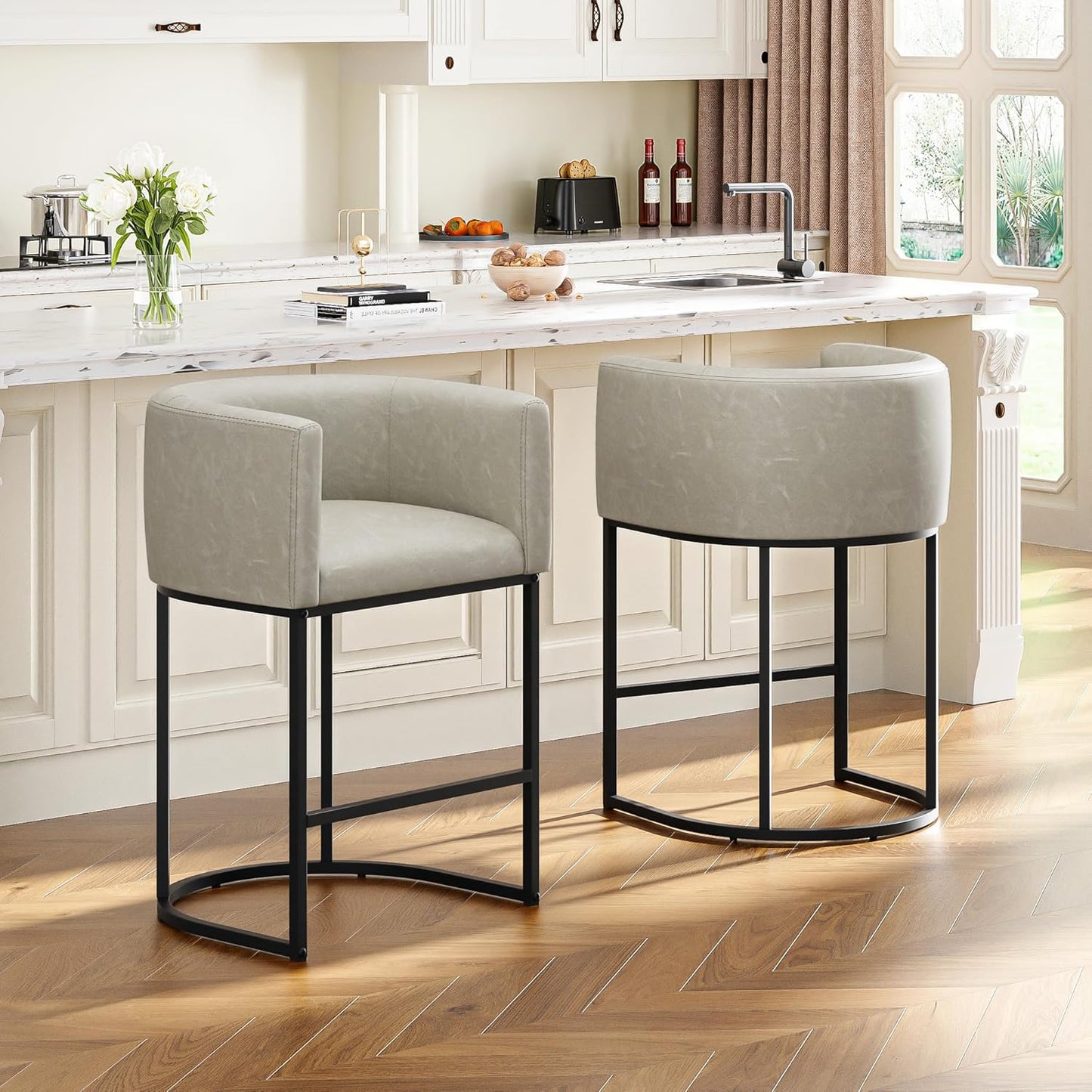 26" H Counter Height Bar Stools Set of 3, Modern Barrel Counter Stools with Backrest and Arms, Faux Leather Upholstered Accent Barstools for Kitchen Island,Support 450 LBS（Walnut Brown）