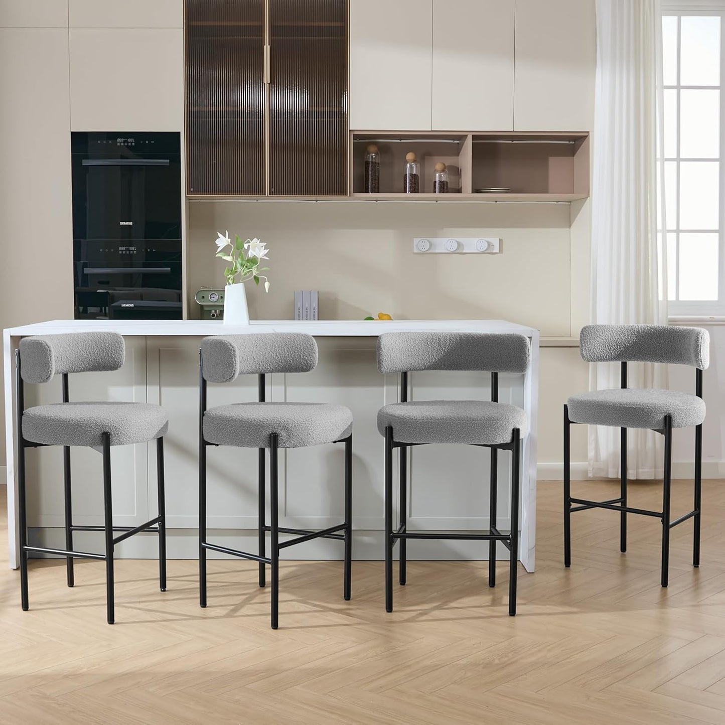 Counter Height Bar Stools Set of 3, 24'' Faux Leather Bar Stools with Back, Mid-Century Modern Bar Chairs for Kitchen Island, Dining Room, Vegan Leather, Grey