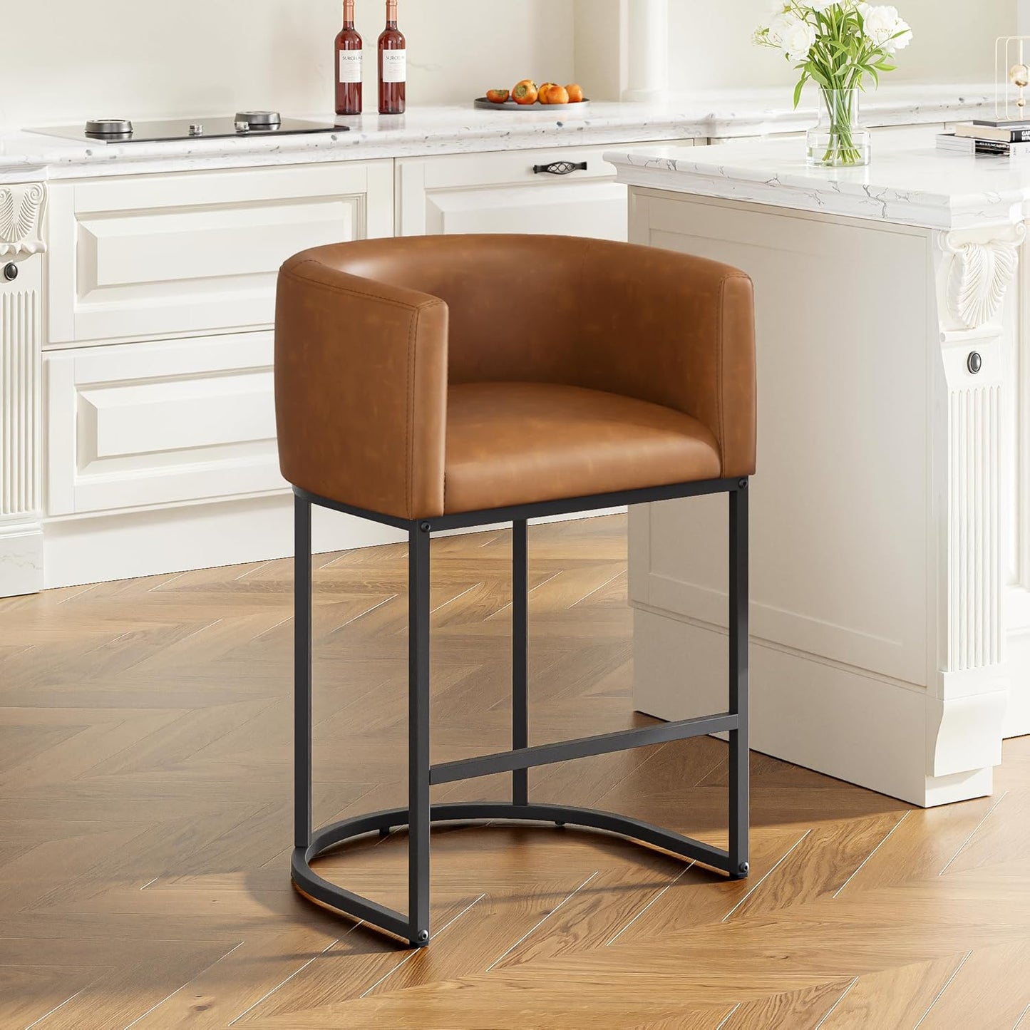 26" H Counter Height Bar Stools Set of 3, Modern Barrel Counter Stools with Backrest and Arms, Faux Leather Upholstered Accent Barstools for Kitchen Island,Support 450 LBS（Walnut Brown）