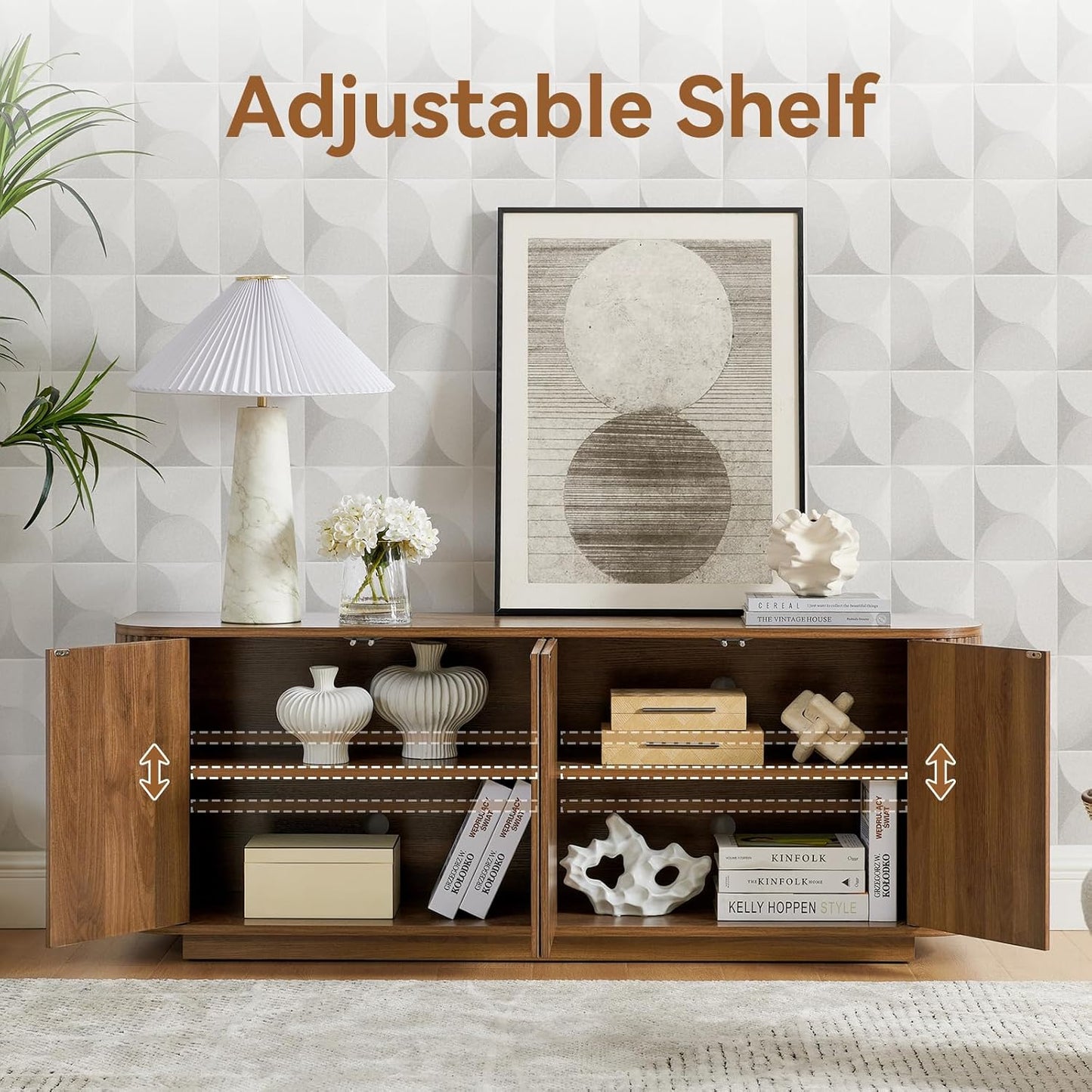 64" Buffet Sideboard Cabinet with Storage, Modern Fluted Accent Credenza with Adjustable Shelves, Wood Coffee Bar Console Table for Living Room Kitchen Dining Room Hallway, 24" H, Walnut