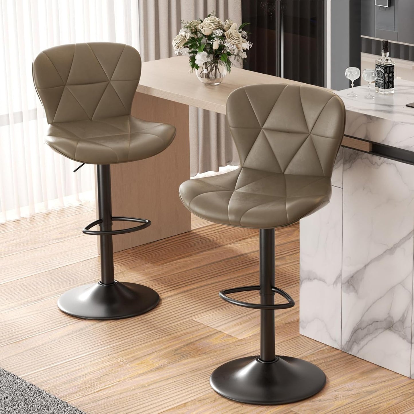 Nalupatio Modern Bar Stools Set of 2, Adjustable Faux Leather Upholstered Swivel Bar Stools, Counter Height Bar Chairs with Back for Kitchen Island, Black