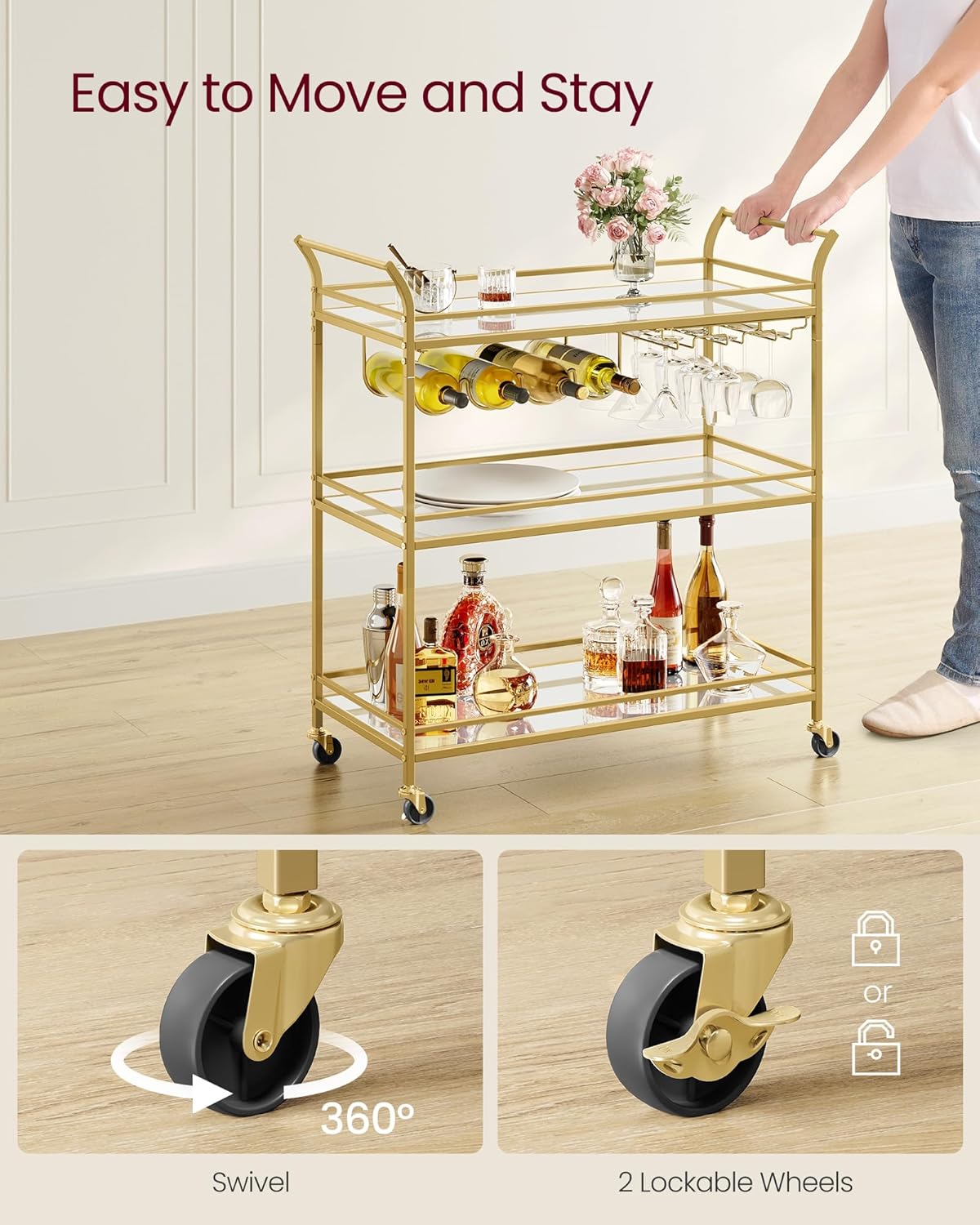 VASAGLE Bar Cart Gold, Large Home Bar Serving Cart with 3-Tier Mirrored Shelf, Wine Holders, Glass Holders, Kitchen, 15 x 33.9 x 35.4 Inches, Gold ULRC083A02