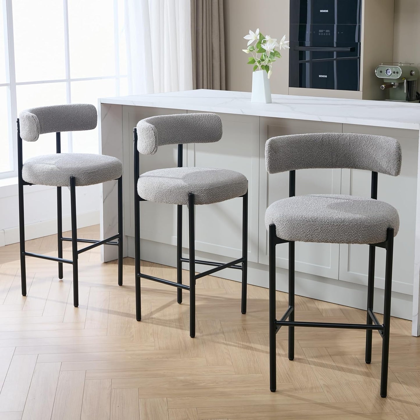 Counter Height Bar Stools Set of 3, 24'' Faux Leather Bar Stools with Back, Mid-Century Modern Bar Chairs for Kitchen Island, Dining Room, Vegan Leather, Grey