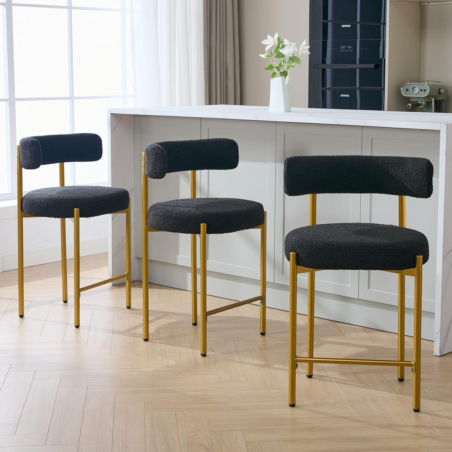 Counter Height Bar Stools Set of 3, 24'' Faux Leather Bar Stools with Back, Mid-Century Modern Bar Chairs for Kitchen Island, Dining Room, Vegan Leather, Grey