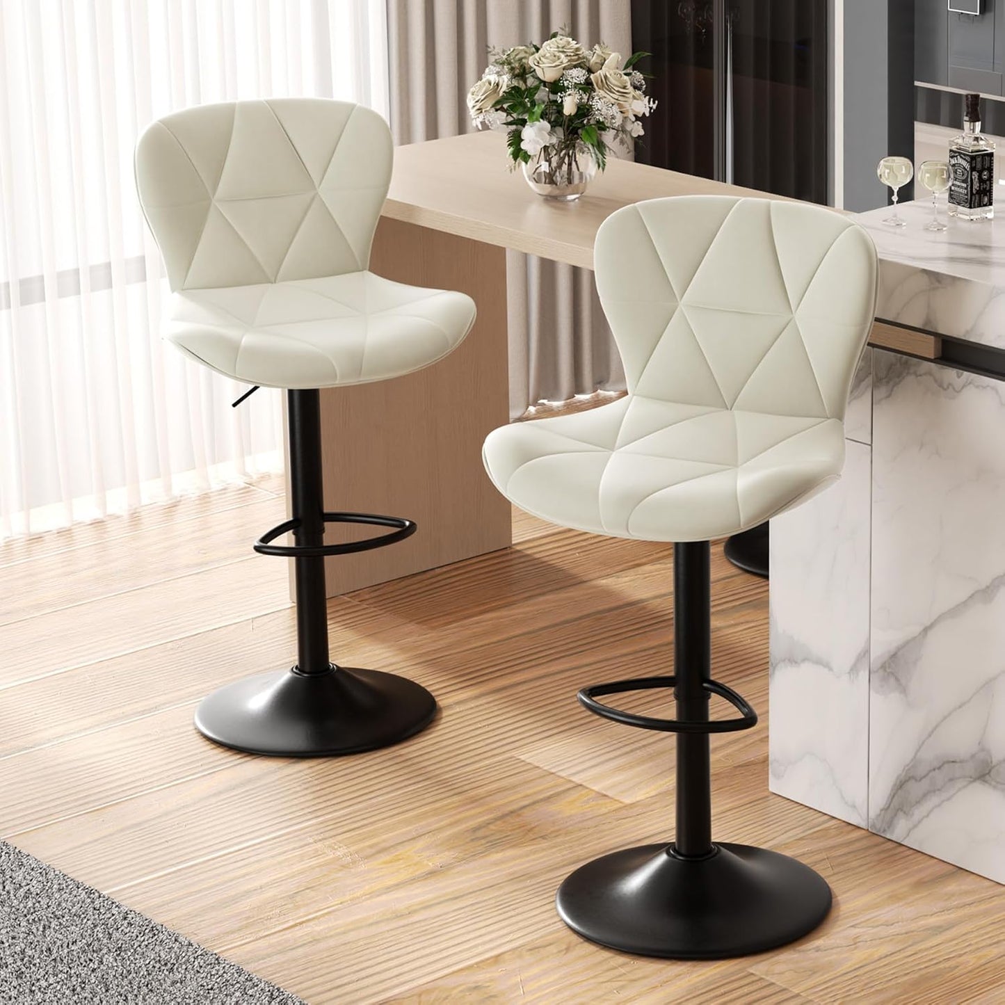 Nalupatio Modern Bar Stools Set of 2, Adjustable Faux Leather Upholstered Swivel Bar Stools, Counter Height Bar Chairs with Back for Kitchen Island, Black