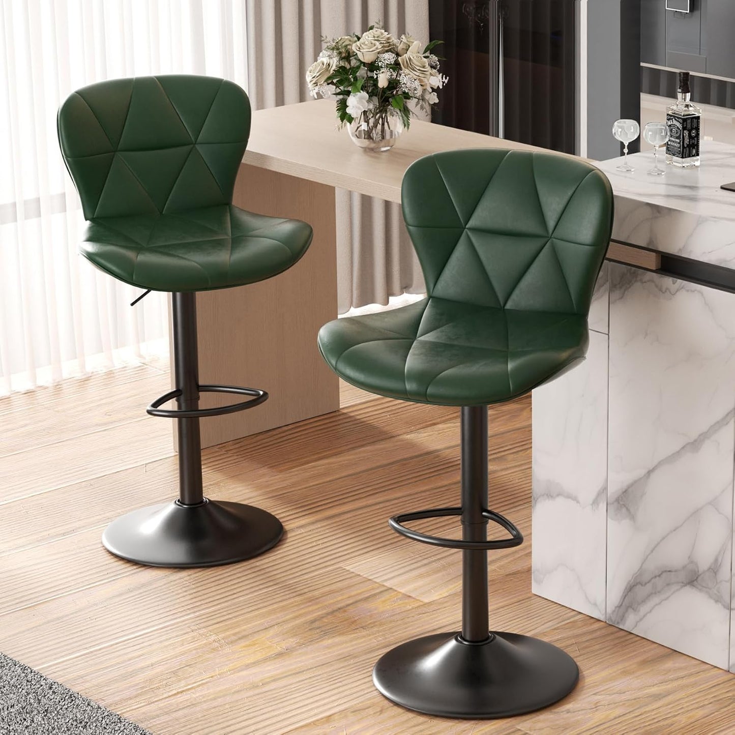 Nalupatio Modern Bar Stools Set of 2, Adjustable Faux Leather Upholstered Swivel Bar Stools, Counter Height Bar Chairs with Back for Kitchen Island, Black