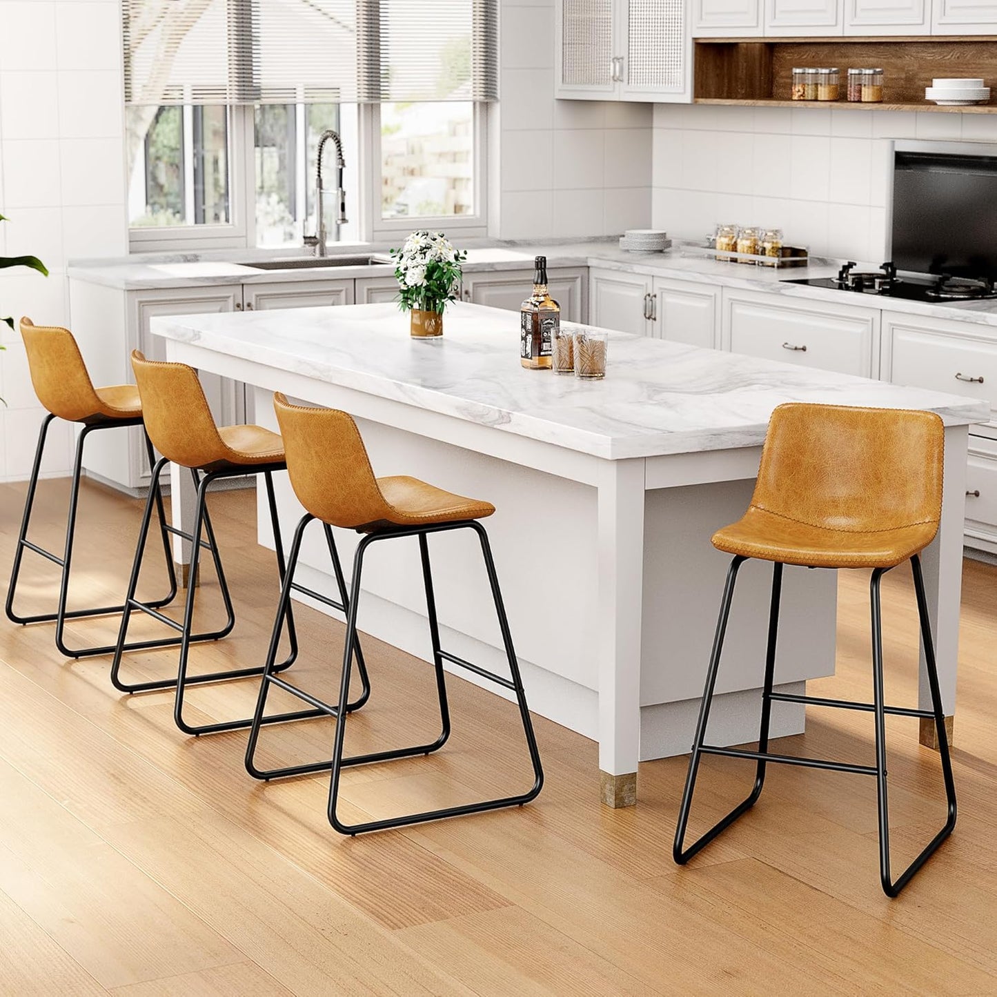 Bar Stools Set of 4, PU Leather Counter Height Bar Stools, 26" Modern Barstools with Metal Legs and Footrest, Urban Armless Dining Chairs with Backrest for Kitchen Island (Brown)