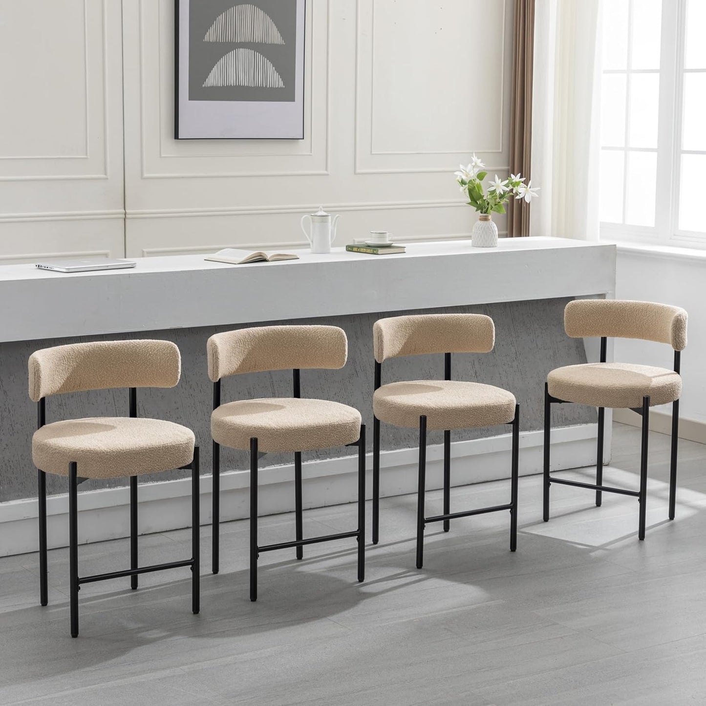 Counter Height Bar Stools Set of 3, 24'' Faux Leather Bar Stools with Back, Mid-Century Modern Bar Chairs for Kitchen Island, Dining Room, Vegan Leather, Grey