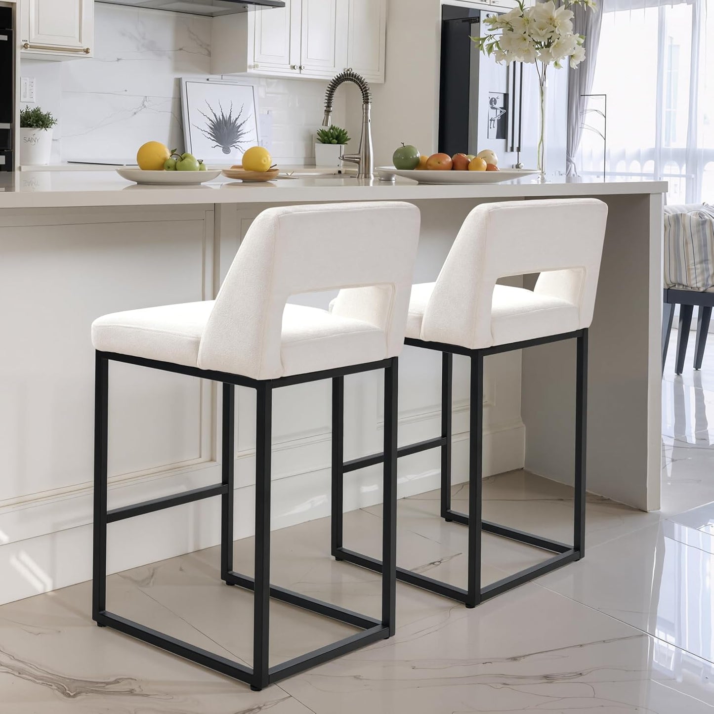 Counter Height Bar Stools Set of 4 for Kitchen Counter Modern Bar Chairs with Backs 26 Inch for Kitchen Island with Upholstered Faux Leather Seat and Metal Frame, Beige