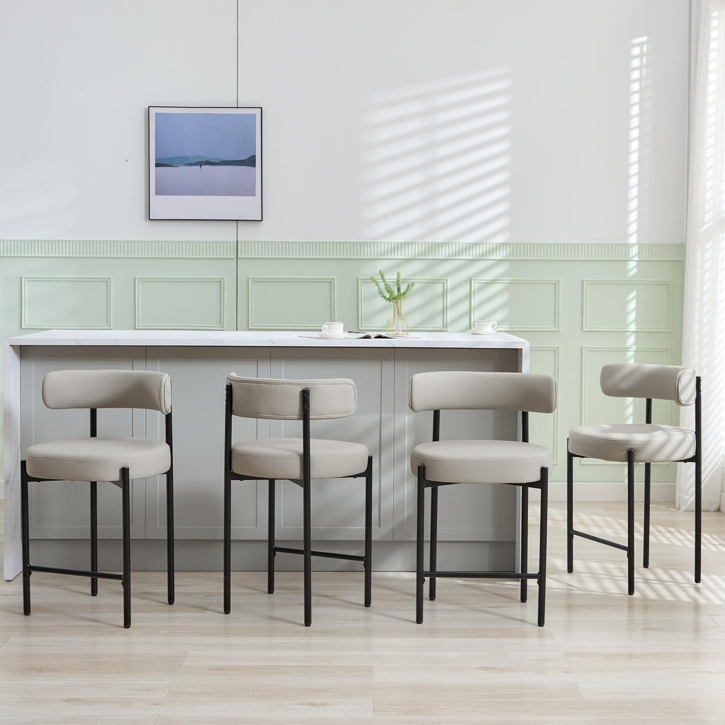 Counter Height Bar Stools Set of 3, 24'' Faux Leather Bar Stools with Back, Mid-Century Modern Bar Chairs for Kitchen Island, Dining Room, Vegan Leather, Grey