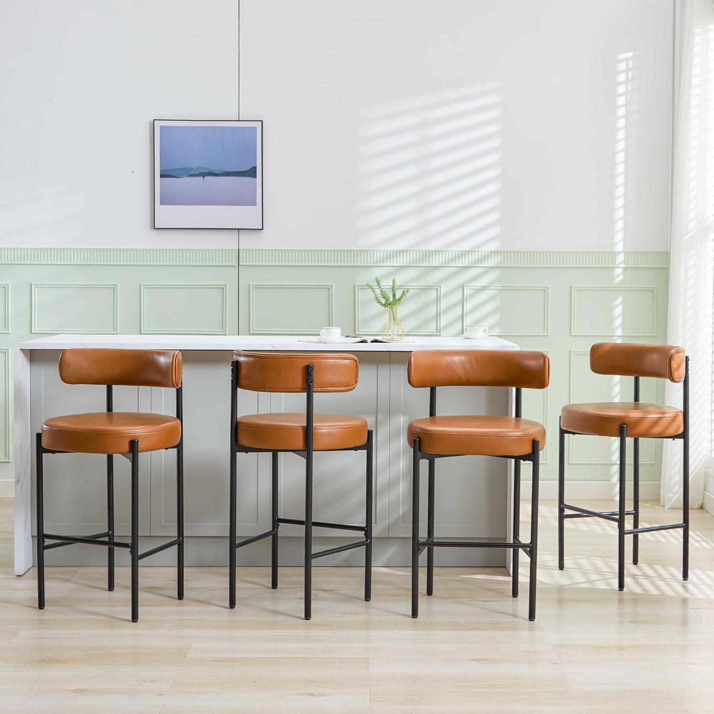 Counter Height Bar Stools Set of 3, 24'' Faux Leather Bar Stools with Back, Mid-Century Modern Bar Chairs for Kitchen Island, Dining Room, Vegan Leather, Grey