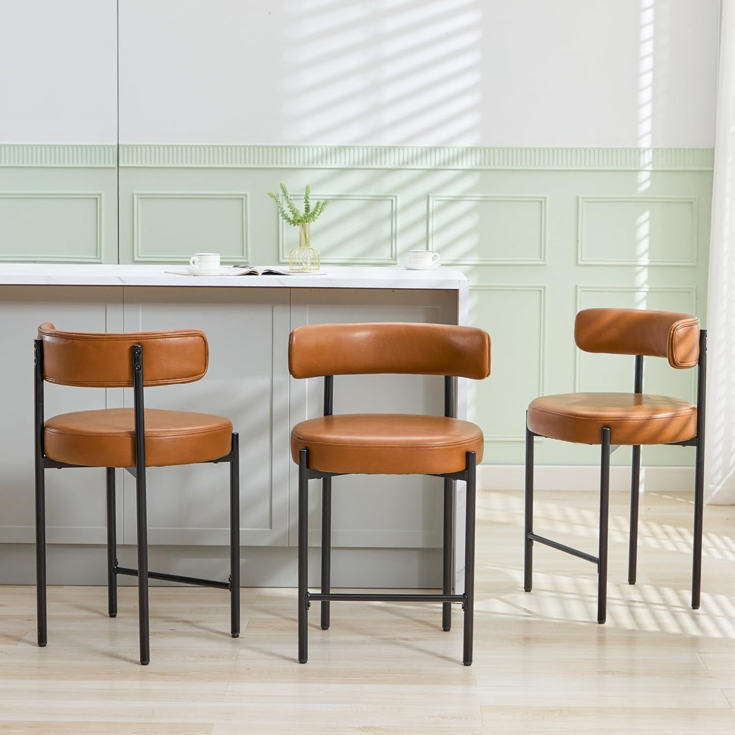 Counter Height Bar Stools Set of 3, 24'' Faux Leather Bar Stools with Back, Mid-Century Modern Bar Chairs for Kitchen Island, Dining Room, Vegan Leather, Grey