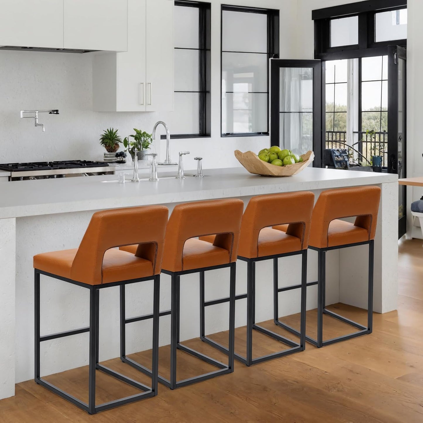 Counter Height Bar Stools Set of 4 for Kitchen Counter Modern Bar Chairs with Backs 26 Inch for Kitchen Island with Upholstered Faux Leather Seat and Metal Frame, Beige