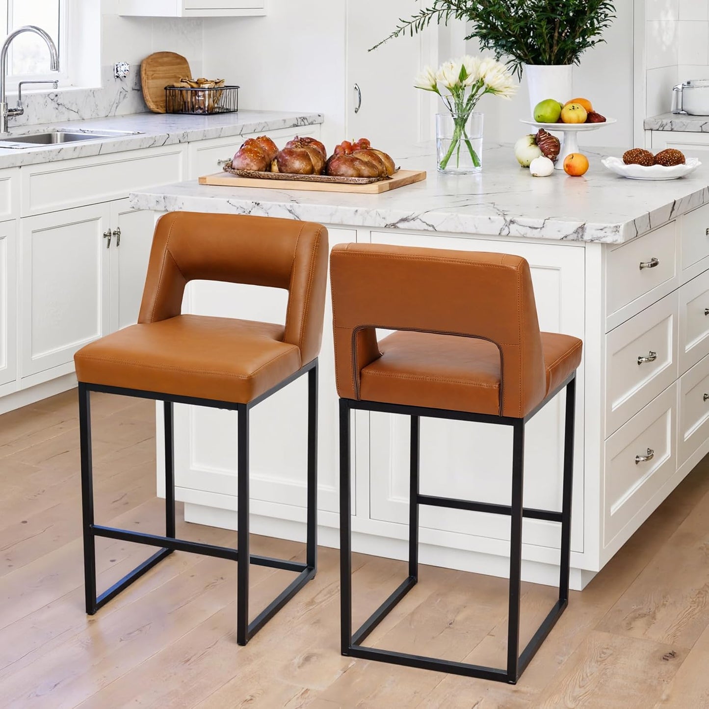 Counter Height Bar Stools Set of 4 for Kitchen Counter Modern Bar Chairs with Backs 26 Inch for Kitchen Island with Upholstered Faux Leather Seat and Metal Frame, Beige