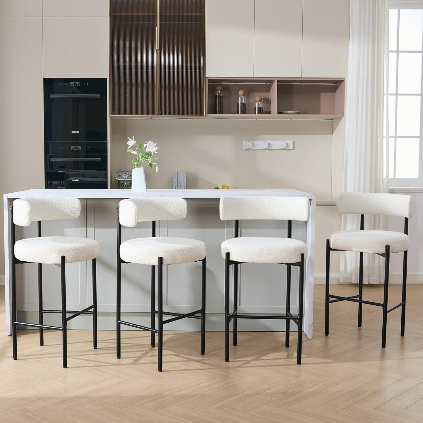 Counter Height Bar Stools Set of 3, 24'' Faux Leather Bar Stools with Back, Mid-Century Modern Bar Chairs for Kitchen Island, Dining Room, Vegan Leather, Grey