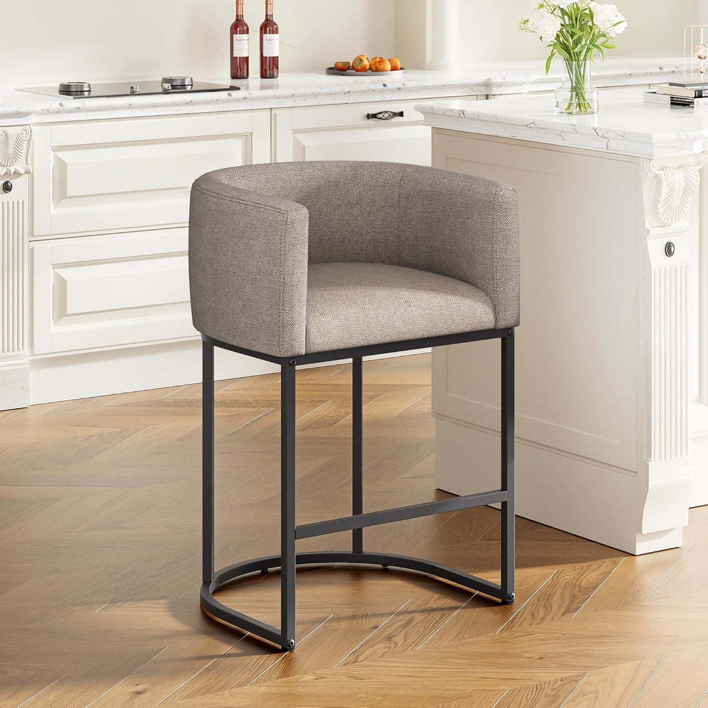 26" H Counter Height Bar Stools Set of 3, Modern Barrel Counter Stools with Backrest and Arms, Faux Leather Upholstered Accent Barstools for Kitchen Island,Support 450 LBS（Walnut Brown）