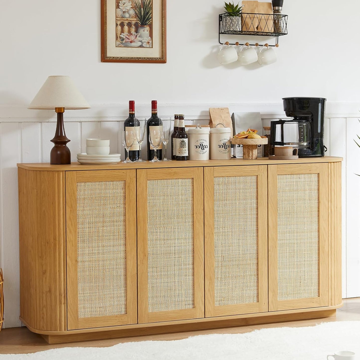 64" Buffet Sideboard Cabinet with Storage, Modern Fluted Accent Credenza with Adjustable Shelves, Wood Coffee Bar Console Table for Living Room Kitchen Dining Room Hallway, 24" H, Walnut