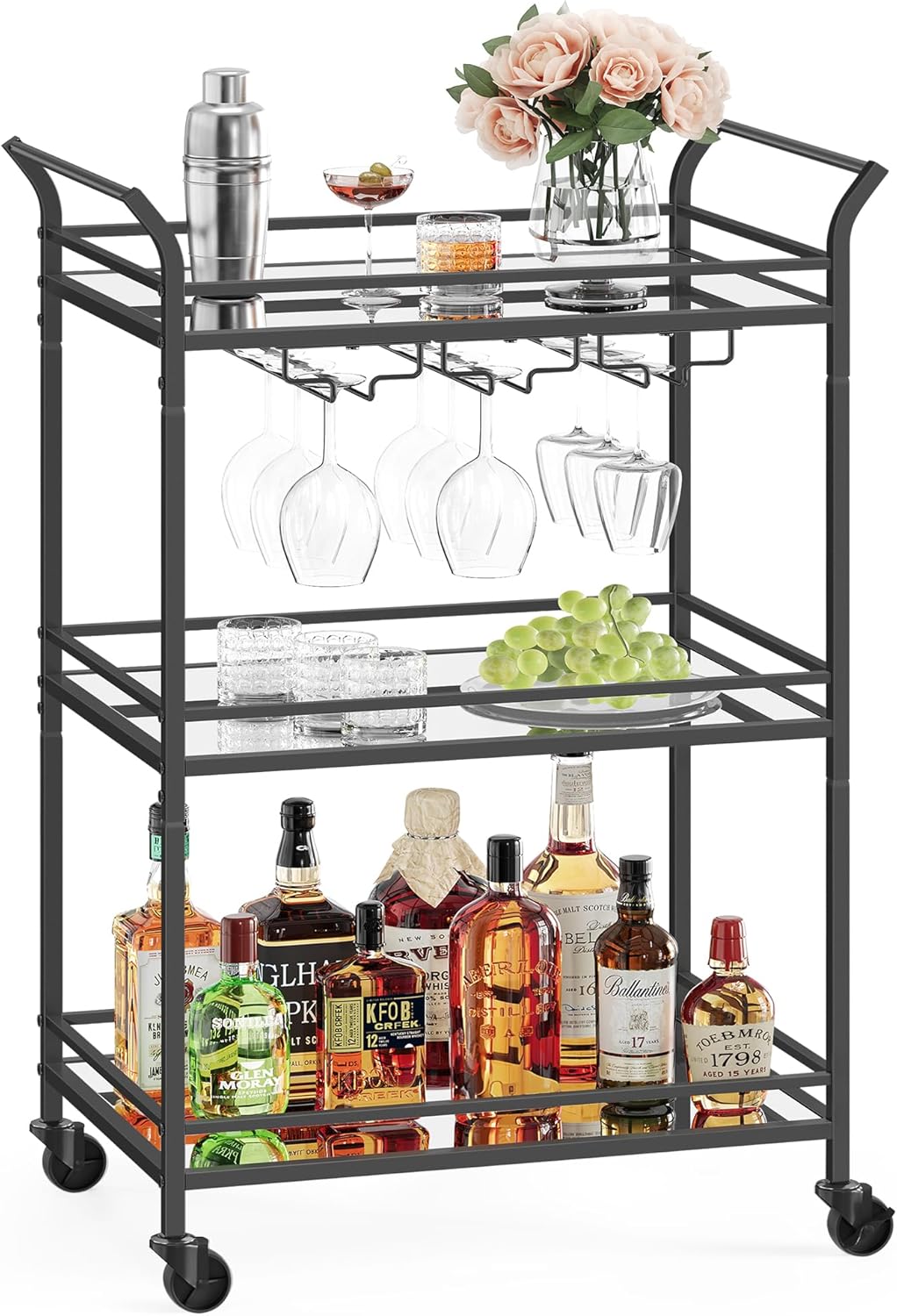 VASAGLE Bar Cart Gold, Large Home Bar Serving Cart with 3-Tier Mirrored Shelf, Wine Holders, Glass Holders, Kitchen, 15 x 33.9 x 35.4 Inches, Gold ULRC083A02