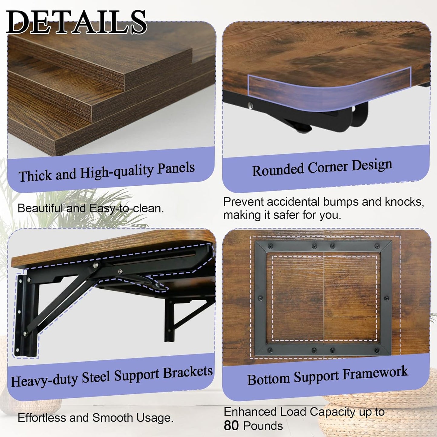 TEAMIX Wall Mounted Folding Table, Rustic Brown Floating Wall Desk for Small Spaces, Drop Leaf Dining Table for Kitchen Fold Down Laundry Shelf with Heavy-Duty Brackets