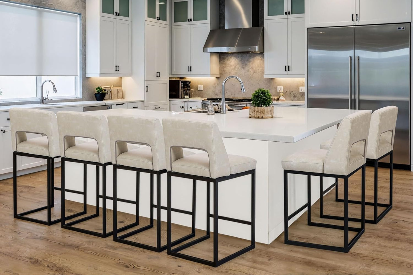 Counter Height Bar Stools Set of 4 for Kitchen Counter Modern Bar Chairs with Backs 26 Inch for Kitchen Island with Upholstered Faux Leather Seat and Metal Frame, Beige