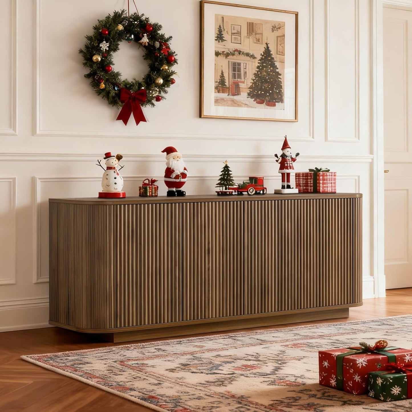 64" Buffet Sideboard Cabinet with Storage, Modern Fluted Accent Credenza with Adjustable Shelves, Wood Coffee Bar Console Table for Living Room Kitchen Dining Room Hallway, 24" H, Walnut