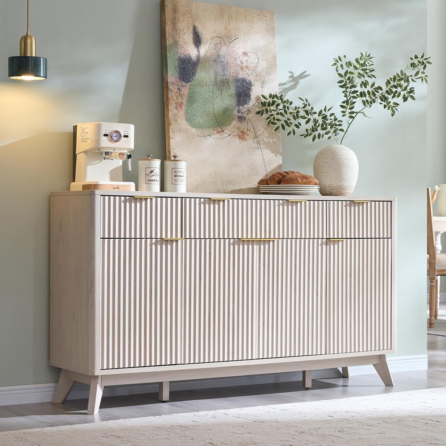 T4TREAM Large Buffet Sideboard Cabinet with Storages, 60" Fluted Modern Buffet Table Coffee Bar Wine Bar Storage Cabinet with 3 Drawers & 4 Doors for Dining Room, Living Room, Hallway(Natural Oak)