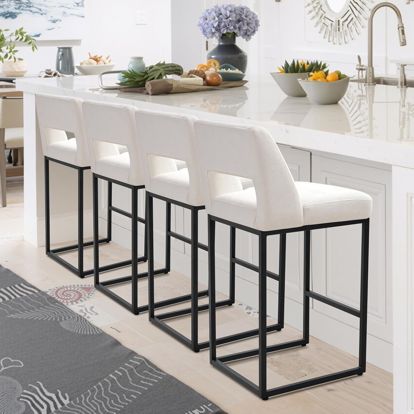 Counter Height Bar Stools Set of 4 for Kitchen Counter Modern Bar Chairs with Backs 26 Inch for Kitchen Island with Upholstered Faux Leather Seat and Metal Frame, Beige