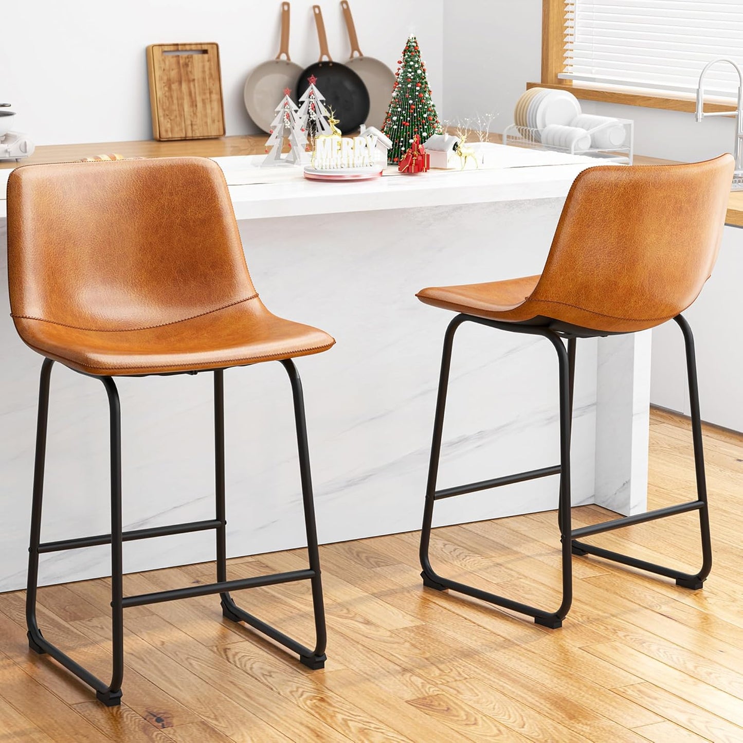 Bar Stools Set of 4, PU Leather Counter Height Bar Stools, 26" Modern Barstools with Metal Legs and Footrest, Urban Armless Dining Chairs with Backrest for Kitchen Island (Brown)