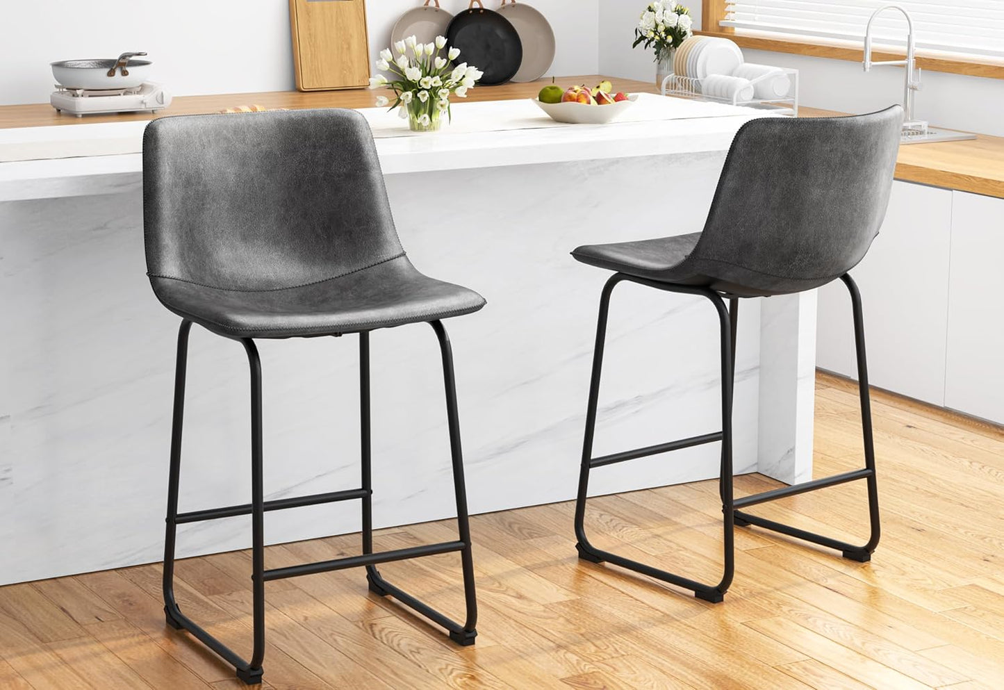 Bar Stools Set of 4, PU Leather Counter Height Bar Stools, 26" Modern Barstools with Metal Legs and Footrest, Urban Armless Dining Chairs with Backrest for Kitchen Island (Brown)