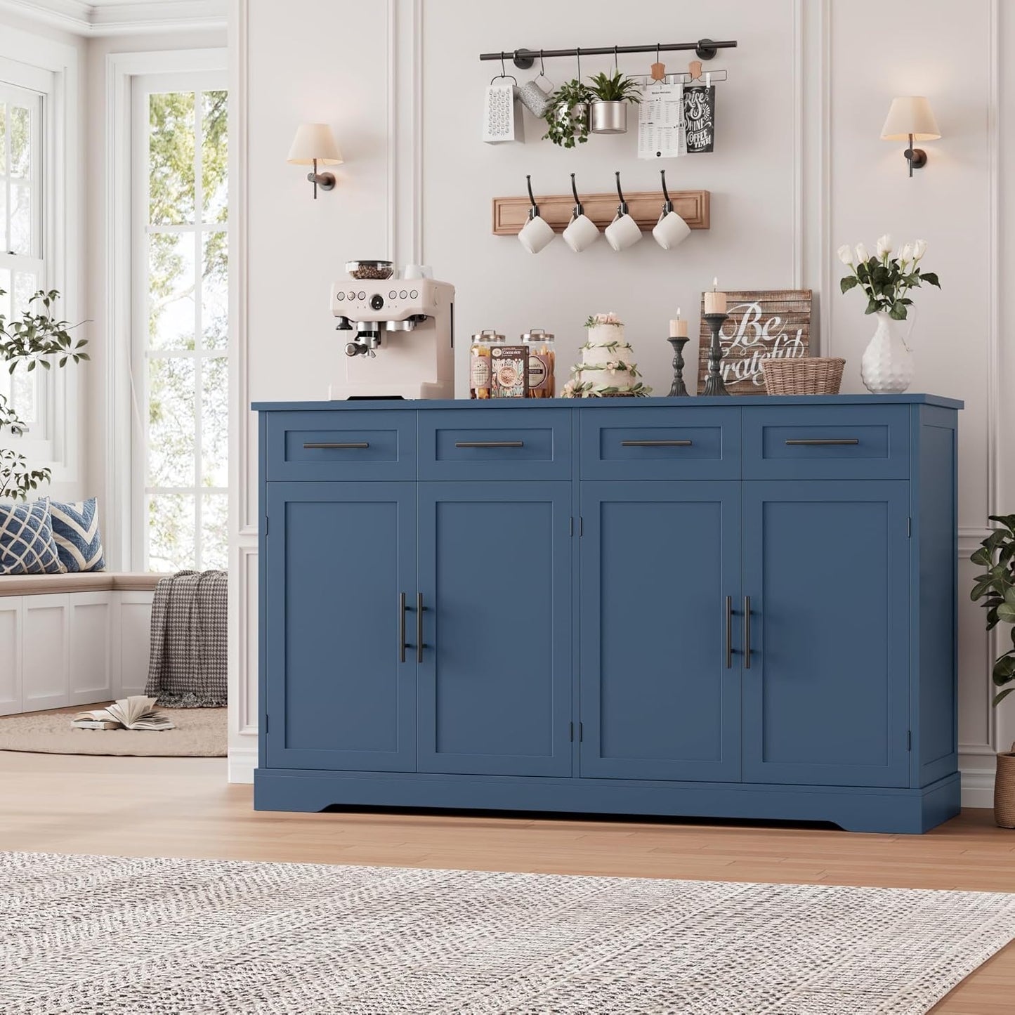 HOSTACK 60" Large Buffet Sideboard with Storage, 36" Tall Kitchen Buffet Storage Cabinet with 4 Drawers, Modern Coffee Bar Cabinet with Gold Handles, Long Sideboard Buffet Table for Kichen, White