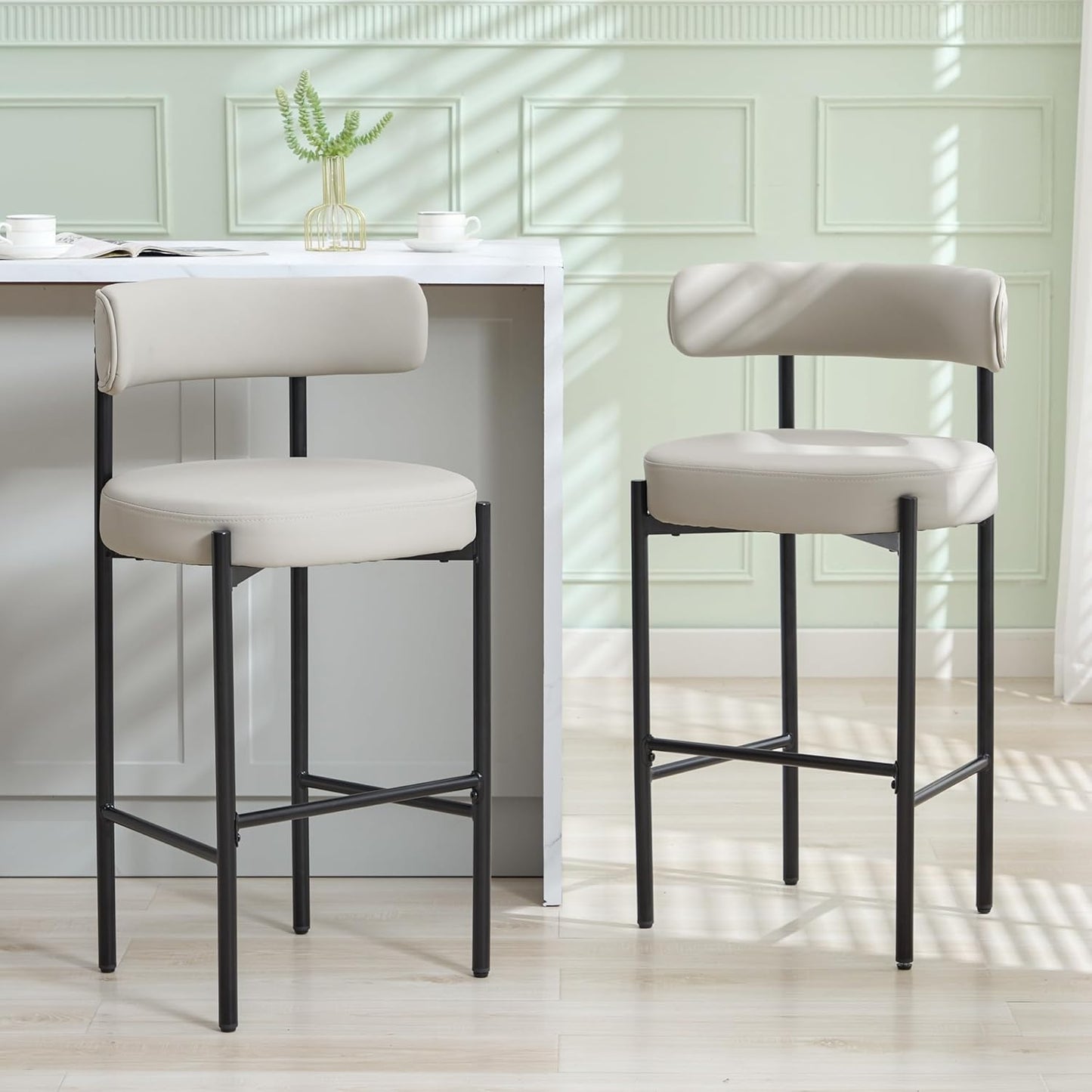 Counter Height Bar Stools Set of 3, 24'' Faux Leather Bar Stools with Back, Mid-Century Modern Bar Chairs for Kitchen Island, Dining Room, Vegan Leather, Grey