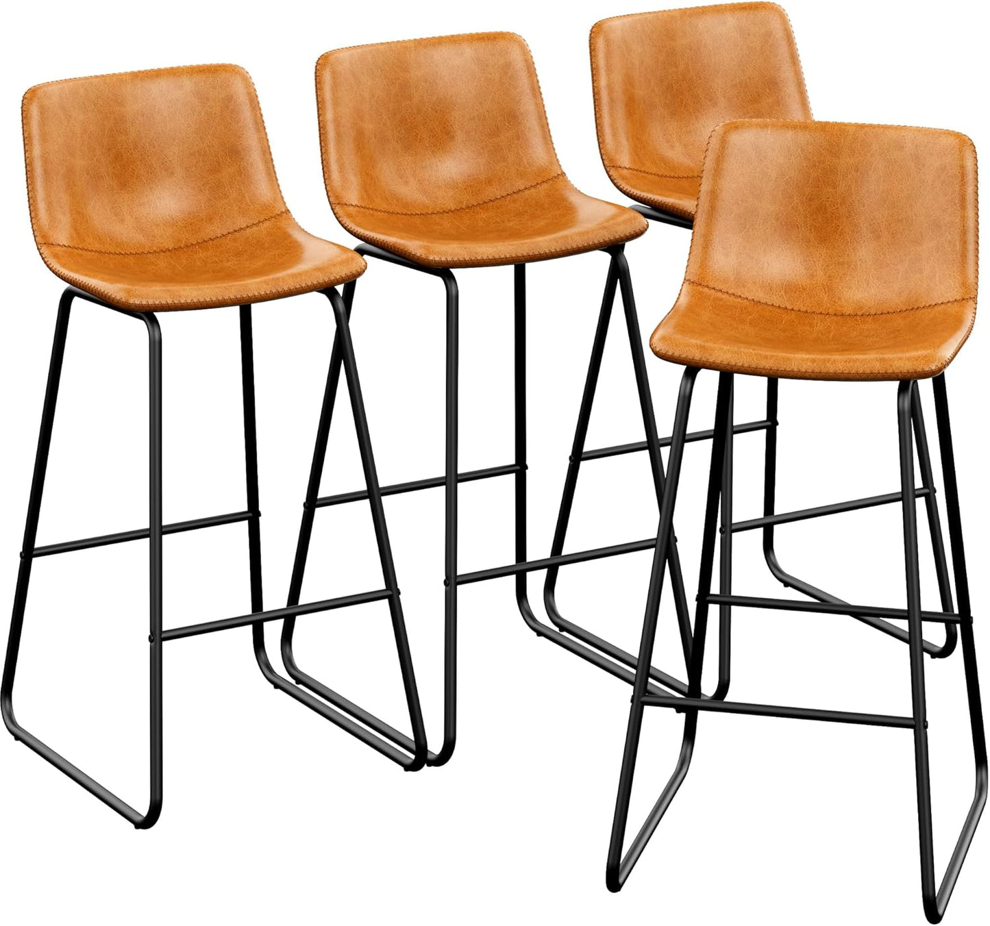 Bar Stools Set of 4, PU Leather Counter Height Bar Stools, 26" Modern Barstools with Metal Legs and Footrest, Urban Armless Dining Chairs with Backrest for Kitchen Island (Brown)