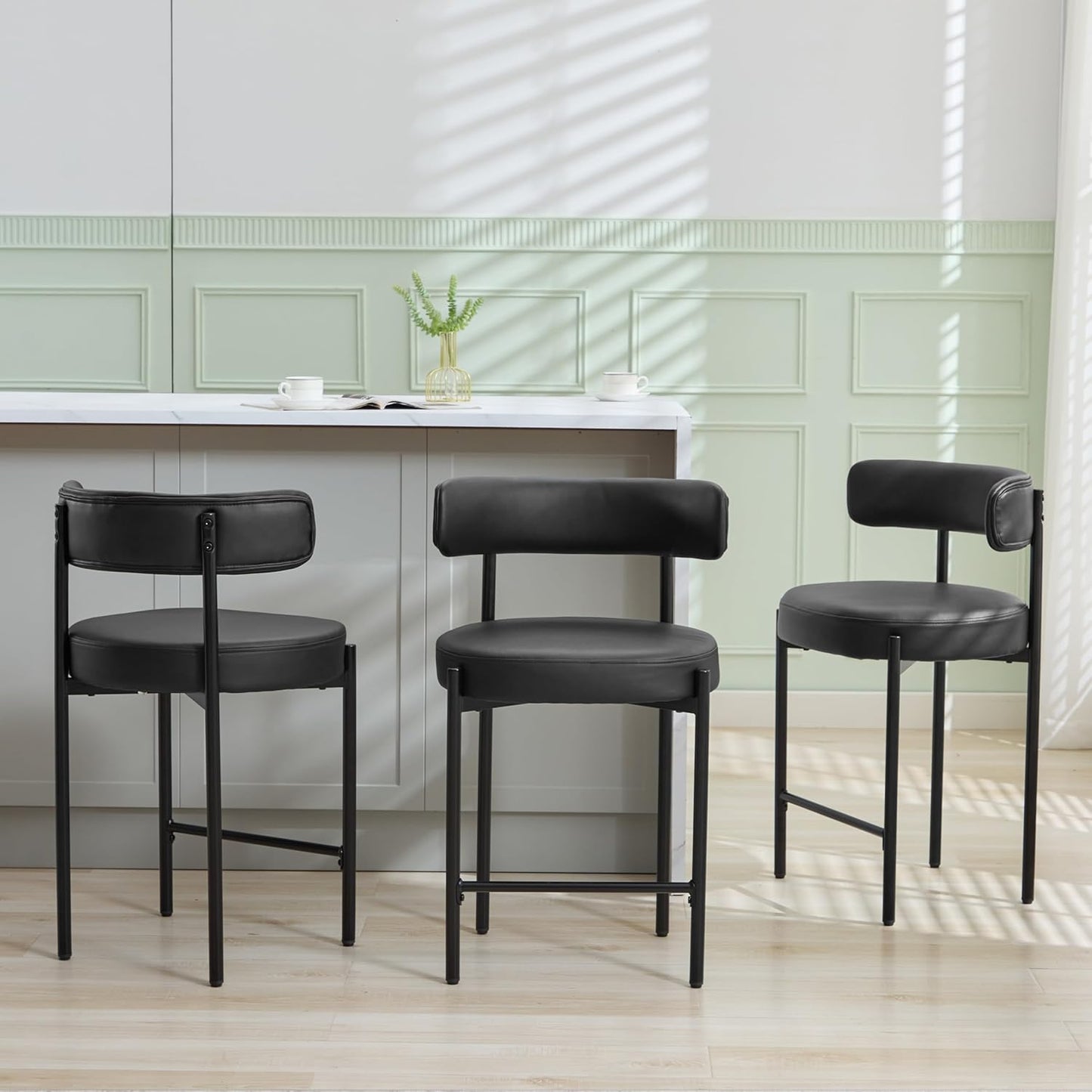 Counter Height Bar Stools Set of 3, 24'' Faux Leather Bar Stools with Back, Mid-Century Modern Bar Chairs for Kitchen Island, Dining Room, Vegan Leather, Grey