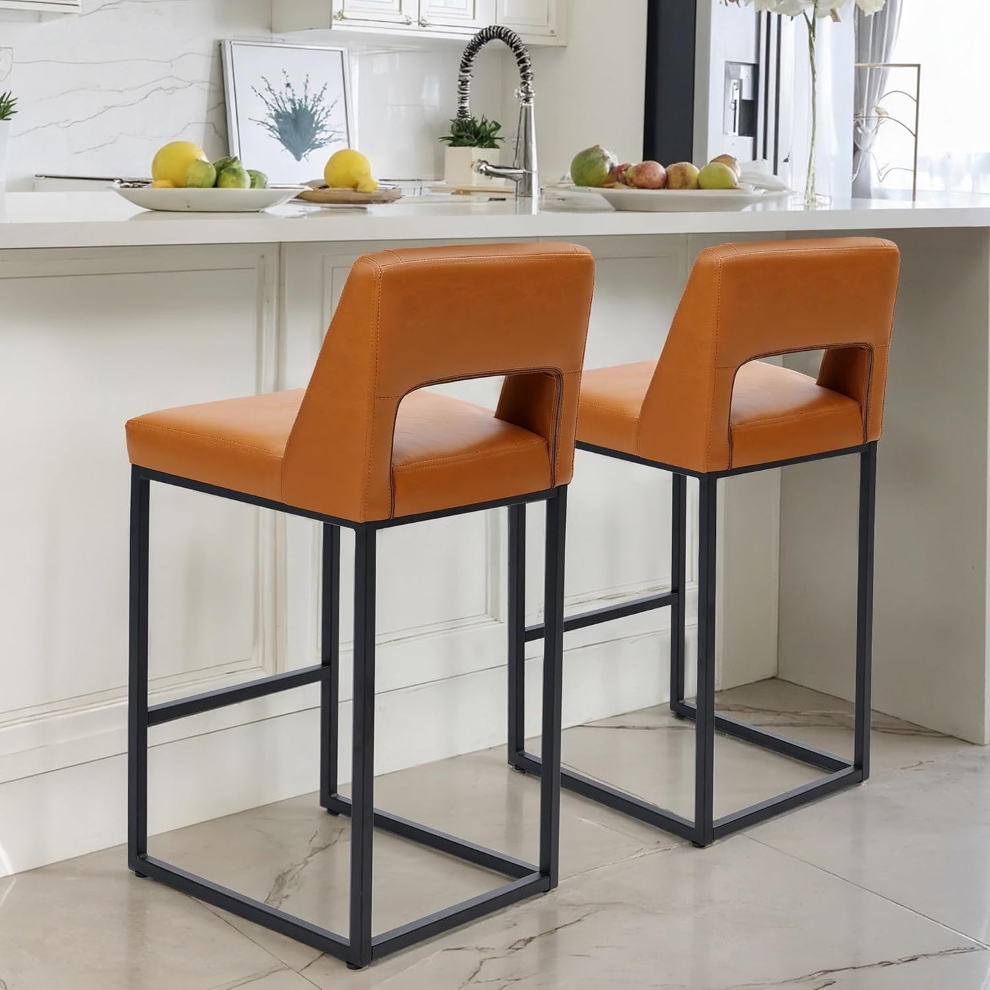 Counter Height Bar Stools Set of 4 for Kitchen Counter Modern Bar Chairs with Backs 26 Inch for Kitchen Island with Upholstered Faux Leather Seat and Metal Frame, Beige