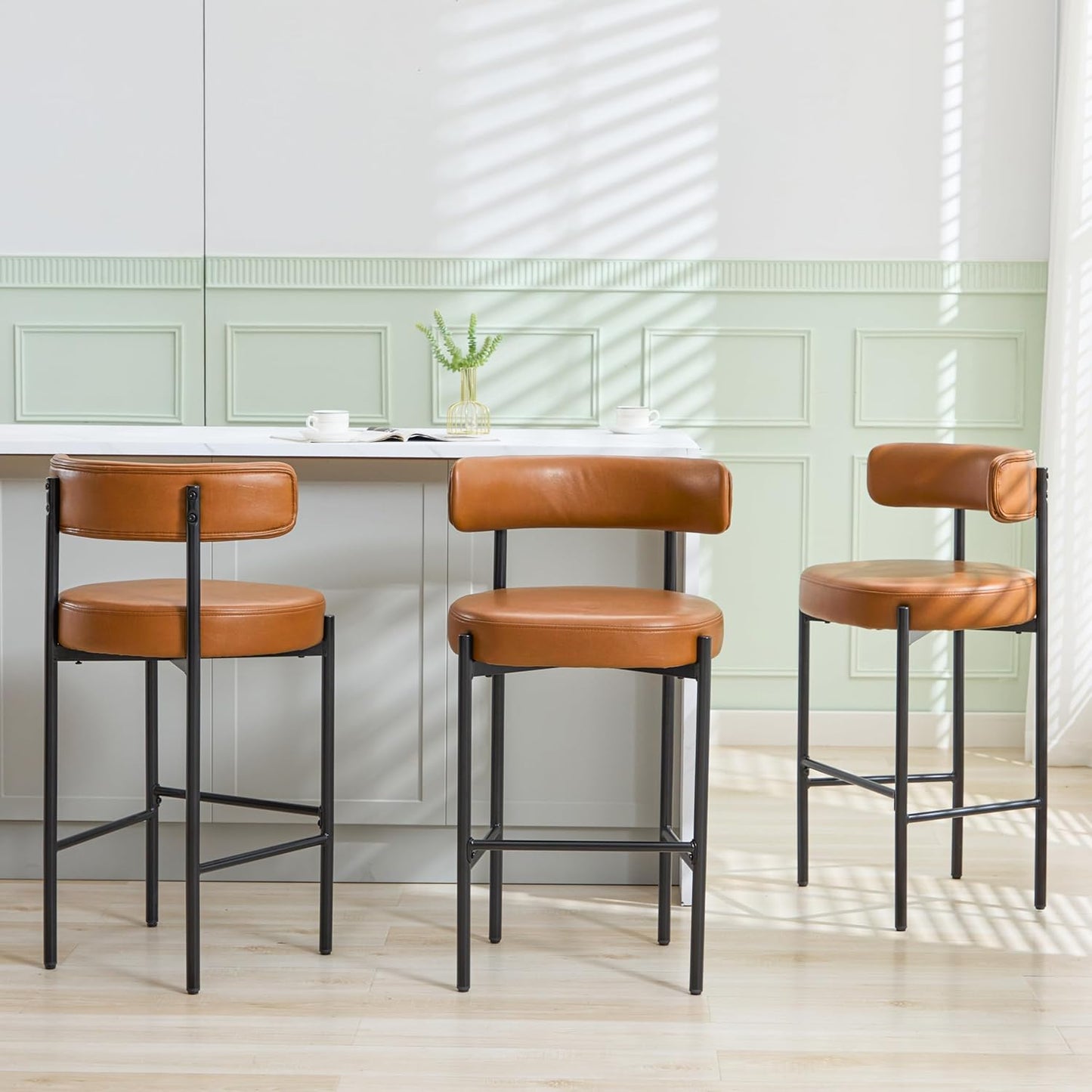 Counter Height Bar Stools Set of 3, 24'' Faux Leather Bar Stools with Back, Mid-Century Modern Bar Chairs for Kitchen Island, Dining Room, Vegan Leather, Grey