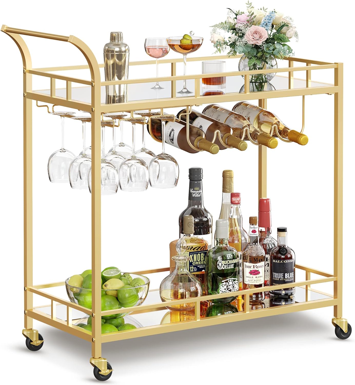 VASAGLE Bar Cart Black, Home Bar Serving Cart, Wine Cart with 2 Mirrored Shelves, Wine Holders, Glass Holders, for Kitchen, Dining Room, Black ULRC090B62