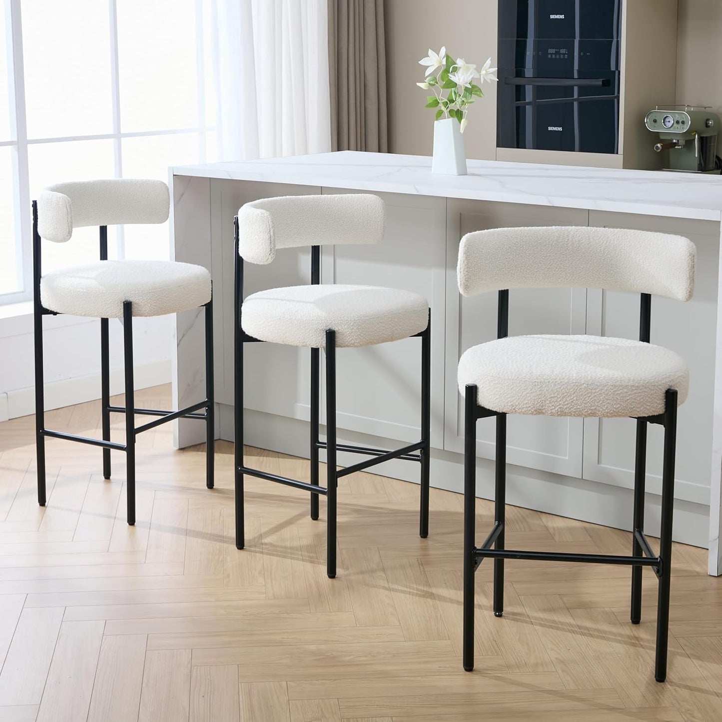 Counter Height Bar Stools Set of 3, 24'' Faux Leather Bar Stools with Back, Mid-Century Modern Bar Chairs for Kitchen Island, Dining Room, Vegan Leather, Grey