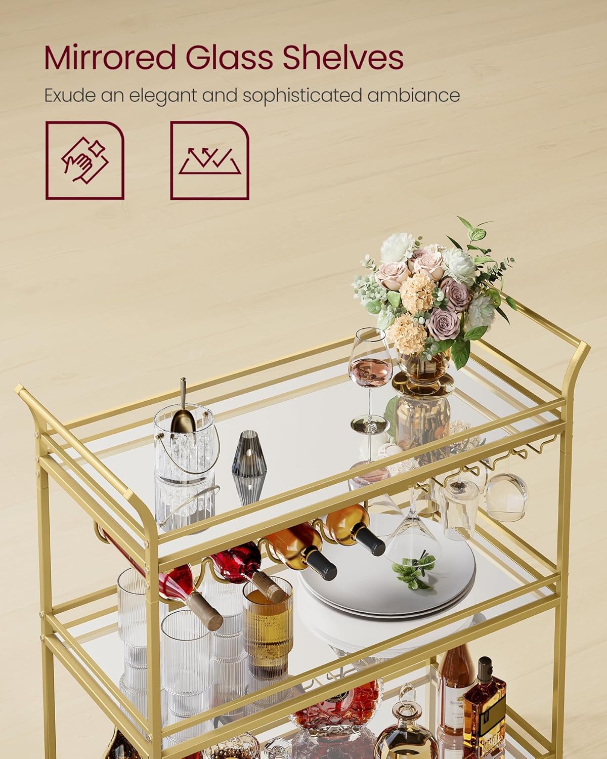 VASAGLE Bar Cart Gold, Large Home Bar Serving Cart with 3-Tier Mirrored Shelf, Wine Holders, Glass Holders, Kitchen, 15 x 33.9 x 35.4 Inches, Gold ULRC083A02